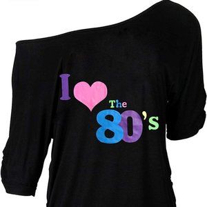 I Love 80's Print Off Shoulder Black T-Shirt Size Large